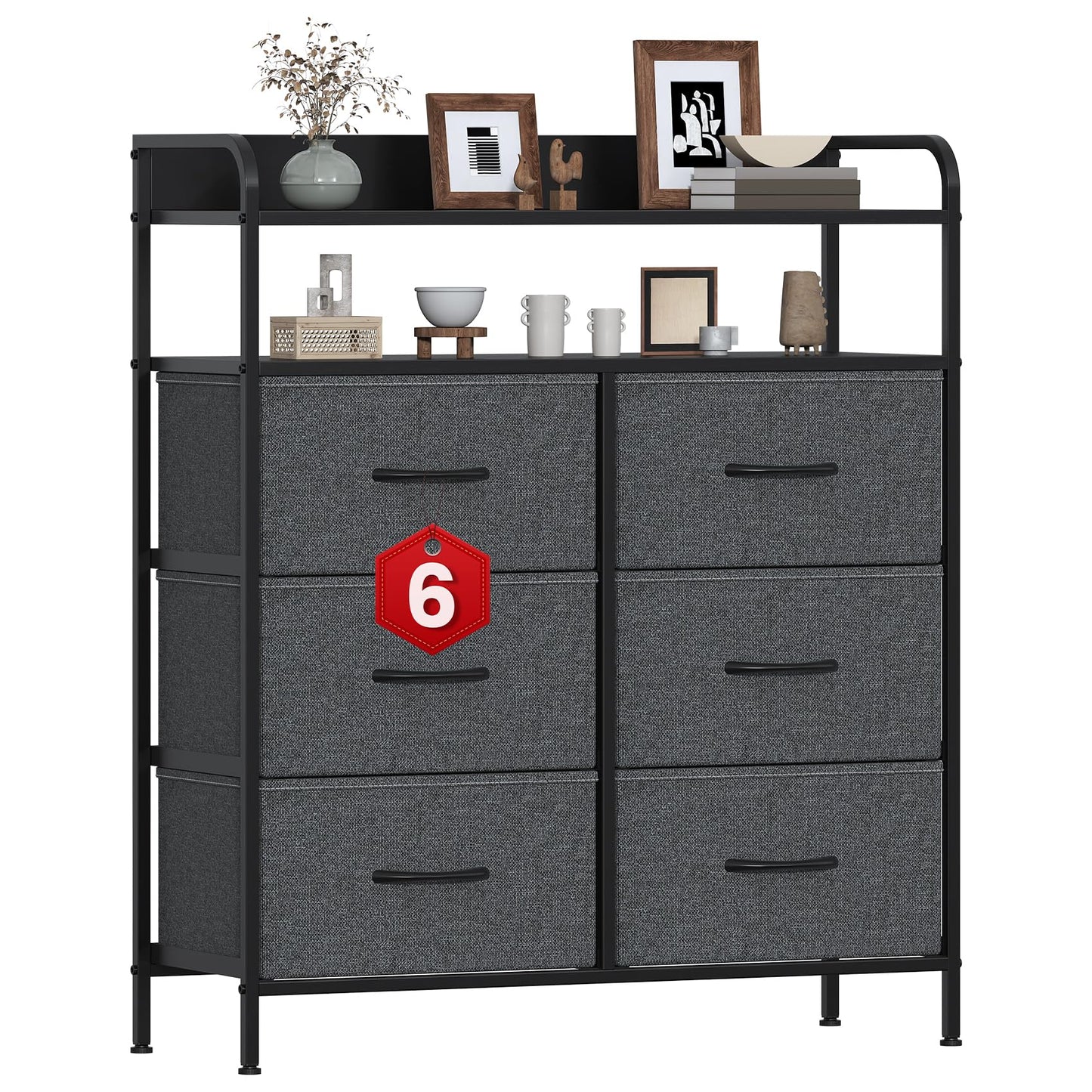 GoaHi Chest of Drawers, Dresser for Bedroom with 6 Fabric Drawers, Tall Storage Organizer Unit with 2 Layers Shelf for Bedrooms,Living Rooms