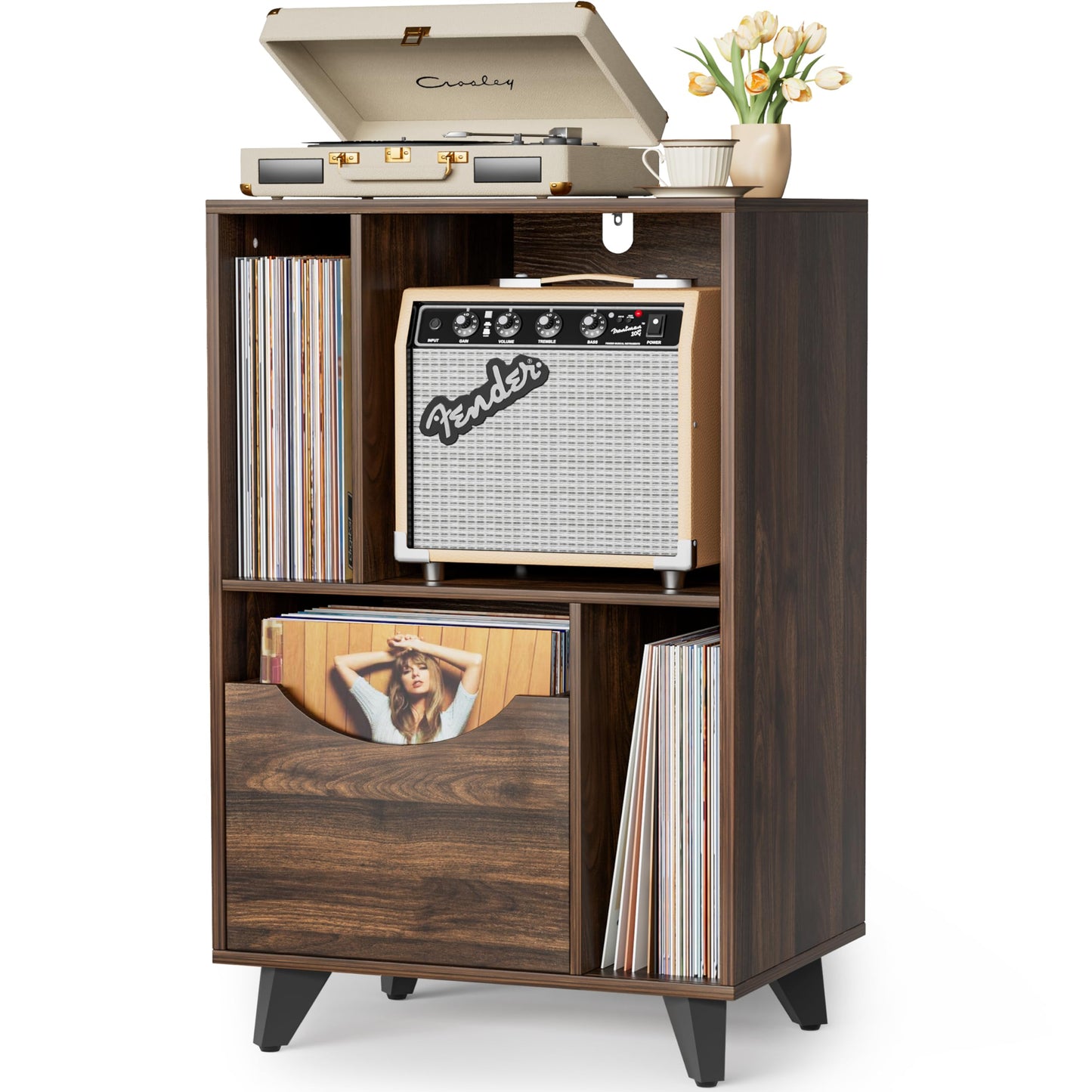 Bikoney Record Player Stand with Vinyl Storage Drawer and Cabinet