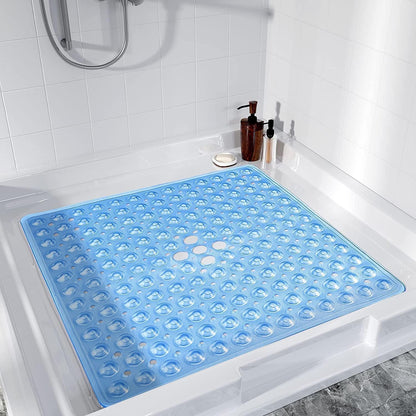BedLooms Shower Mat Non Slip Anti Mould – Blue 53x53 cm Square Bath Mat for Bathroom & Bathtub with Strong Suction Cups Grip Bath Mats Easy Drain &