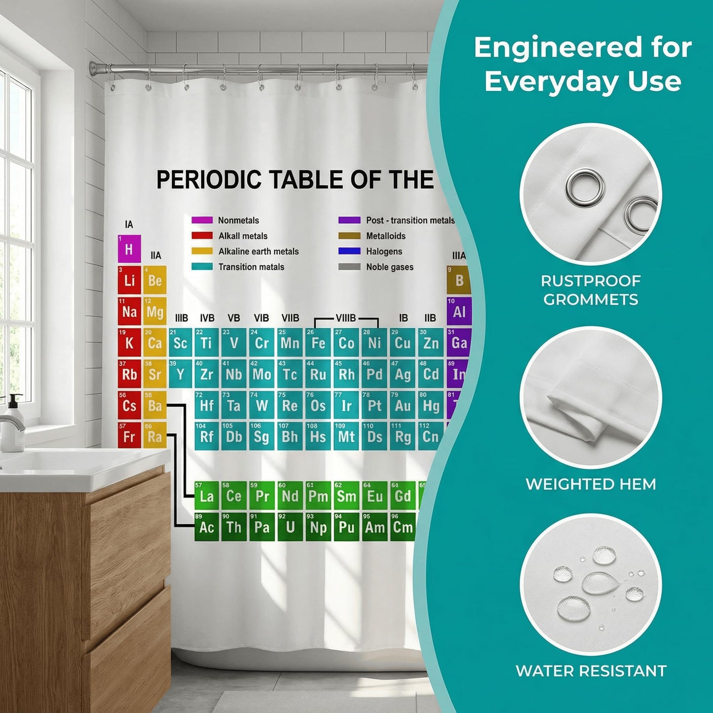 goodbath Periodic Table Shower Curtain 180 x 180 cm, Chemical Elements Waterproof Polyester Fabric Bath Curtain for Bathroom Bathtub Hotel