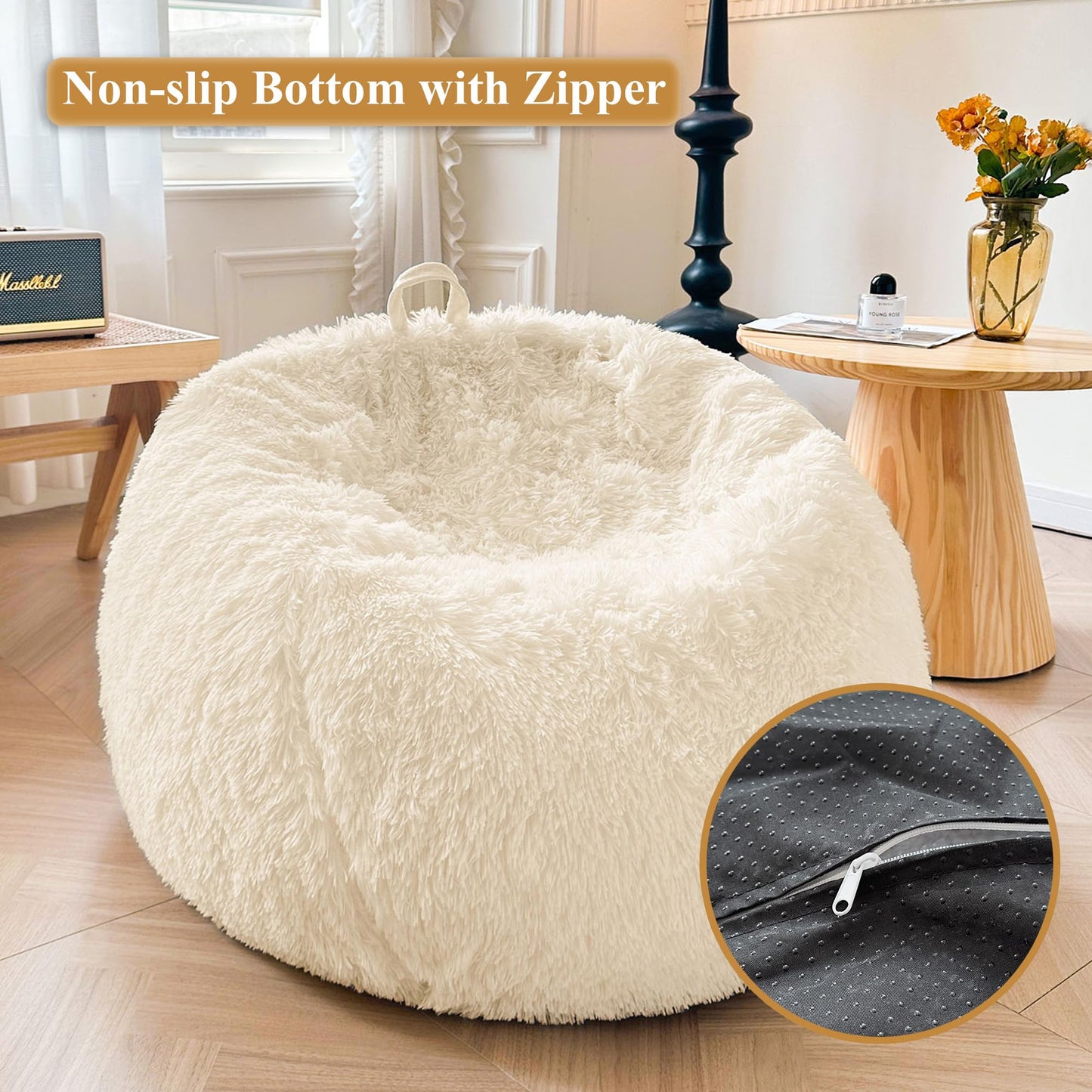 XeGe Soft Faux Fur Stuffed Animal Storage Bean Bag Cover(No Filler), Beige