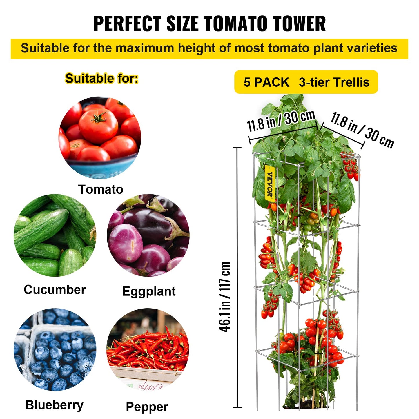 VEVOR Tomato Cages, 11.8" x 11.8" x 46.1", 5 Packs Square Plant Support Cages, Silver PVC-Coated Steel Tomato Towers for Climbing Vegetables, Plants,