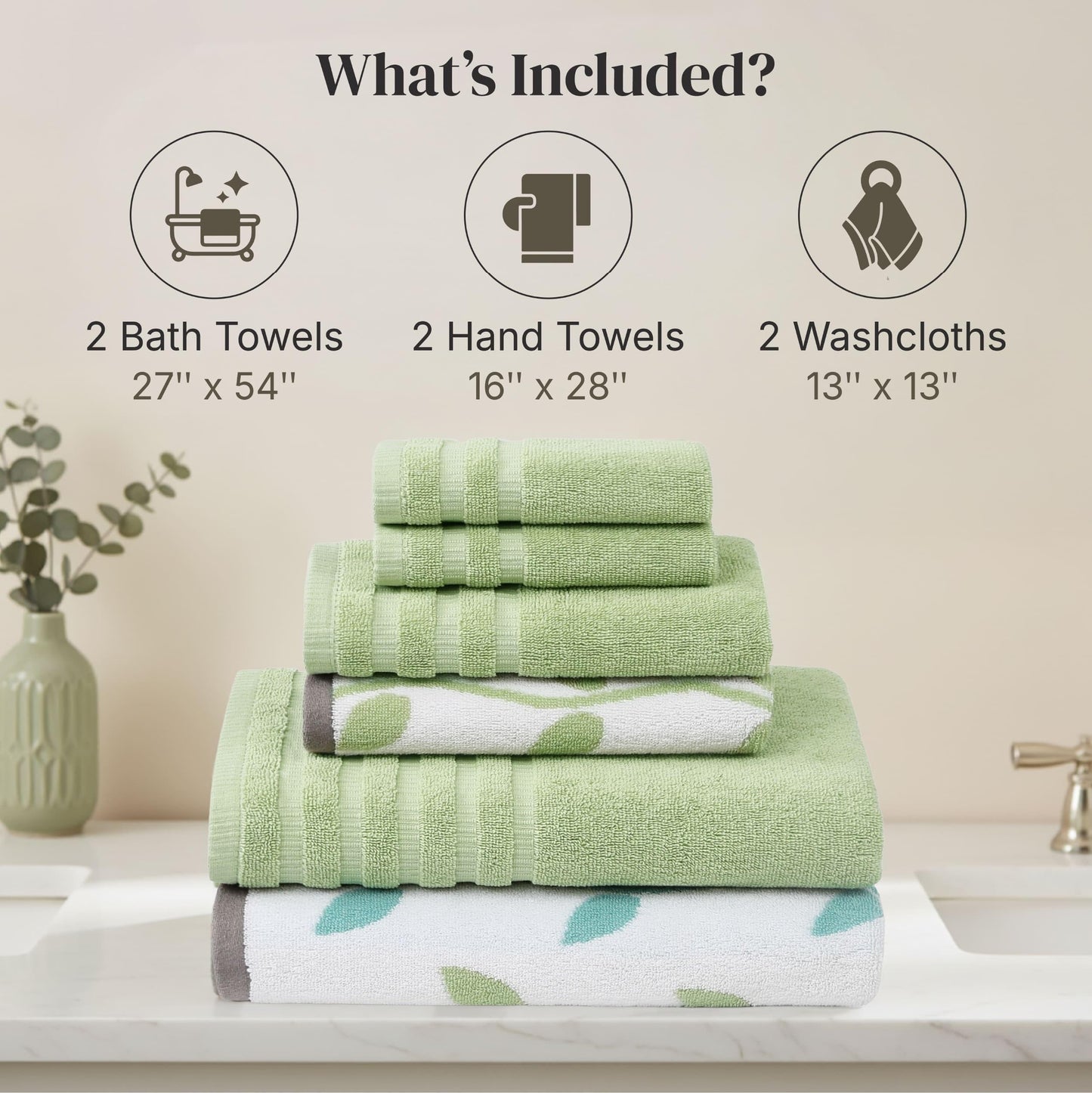 Pacific Coast Textiles 6 Pc Yarn Dyed Towel Organic Vines Sage Green, 6-Piece