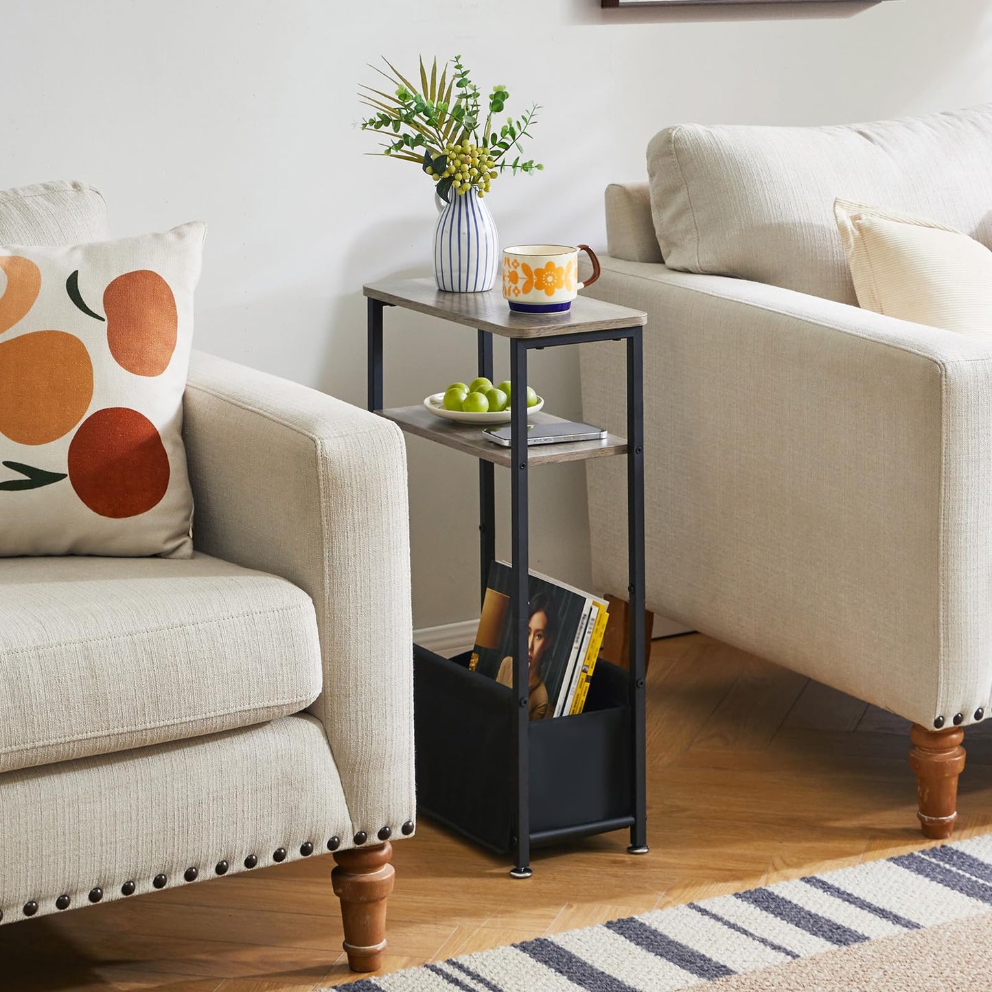 Aibiju Narrow Side Table, Slim Small Table 40x20x66cm, 3 Tier End Table with Storage Fabric Basket, Small Nightstand for Bedroom, Living Room