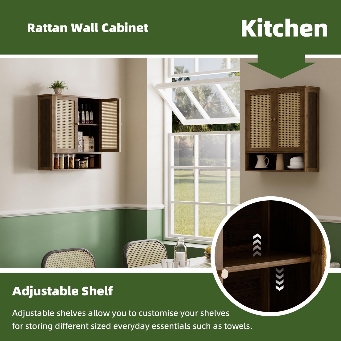 vovala Bathroom Wall Cabinet, Bamboo Over-The-Toilet Storage Organizer with 2 Rattan Doors and Adjustable Shelf