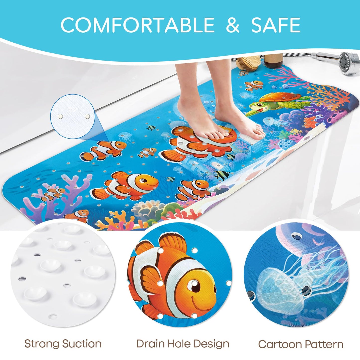 SHUCHING Cartoon Clownfish Bath Mat Non Slip Kids, 100 X 40 cm Extra Long Baby Bathtub Mat Anti Slip