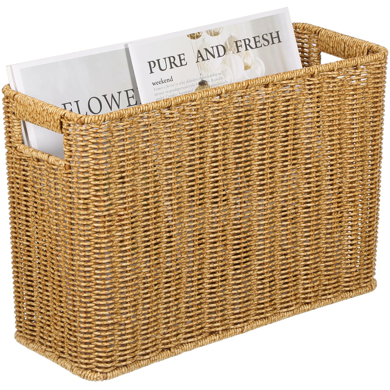Happyyami Hand-woven Magazine Basket Magazine Wicker Basket Rattan Magazine Holder Desk Storage Baskets with Handle for Bathroom Office
