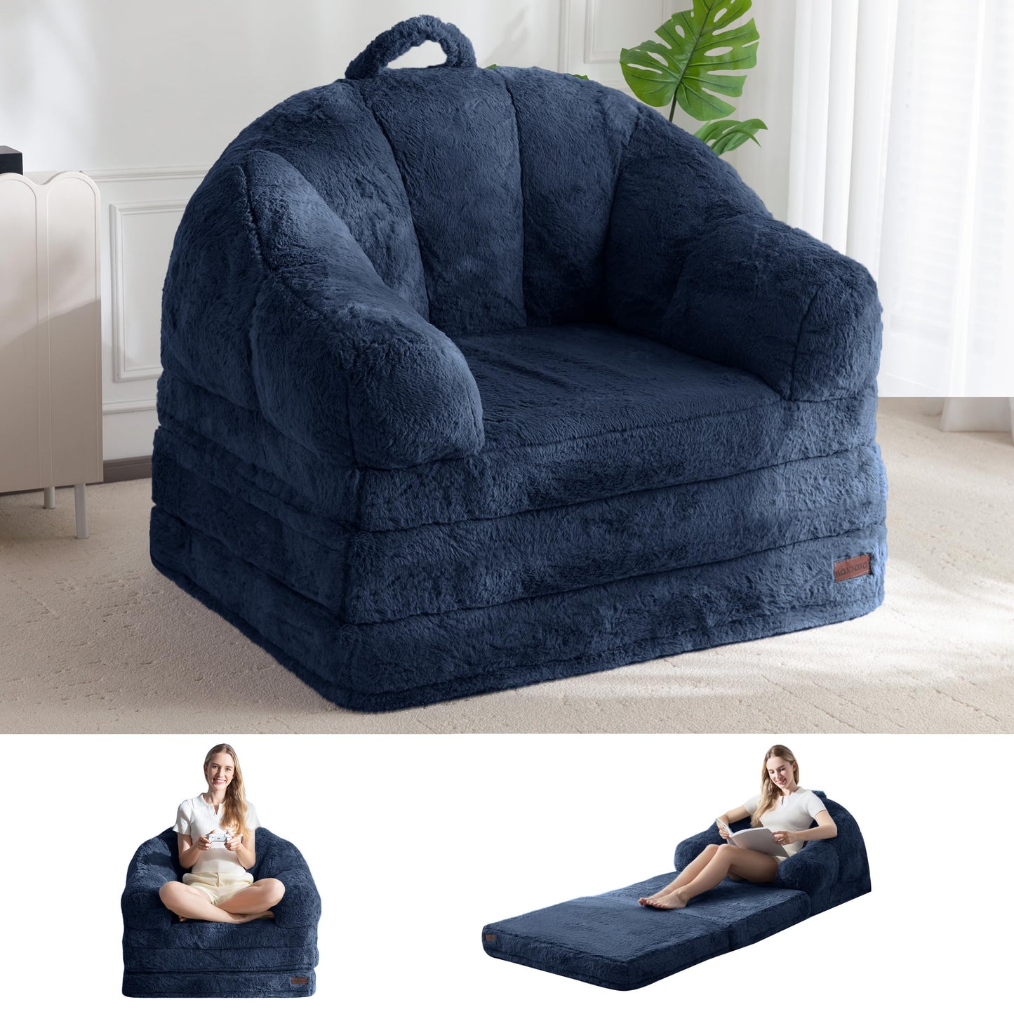 MAXYOYO Single Sofa Bed, Folding Bean Bag Chair, Faux Fur Fabric