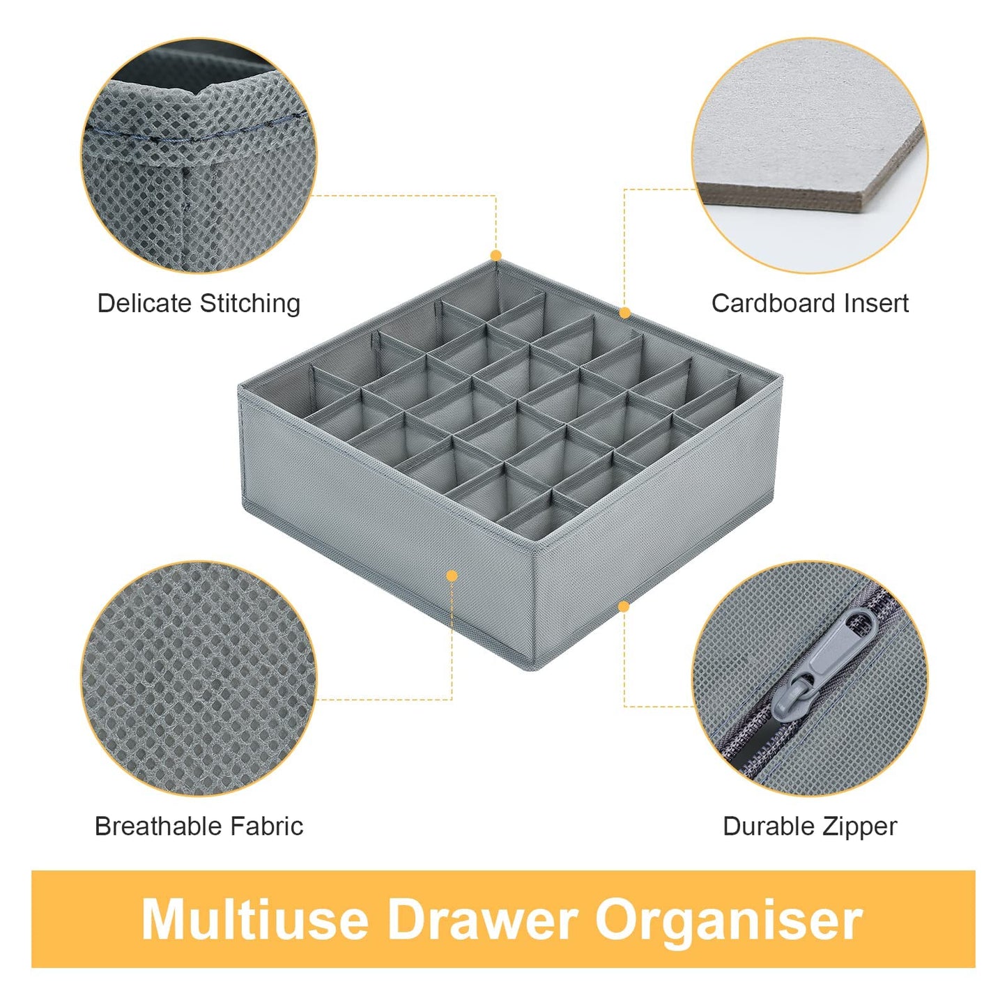 DIMJ 2 Pack Drawer Organisers 24 Cells Sock Organiser Foldable Underwear Drawer Organiser Fabric Drawer Divider Wardrobe Storage Boxes for Socks