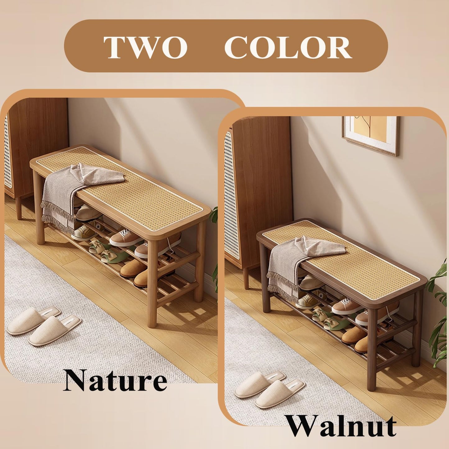 SOBIBO Bamboo Shoe Rack Bench with Rattan Seat, 3-Tier Shoe Storage Bench, Entryway Bench for Hallway, Walnut-31.5 inches