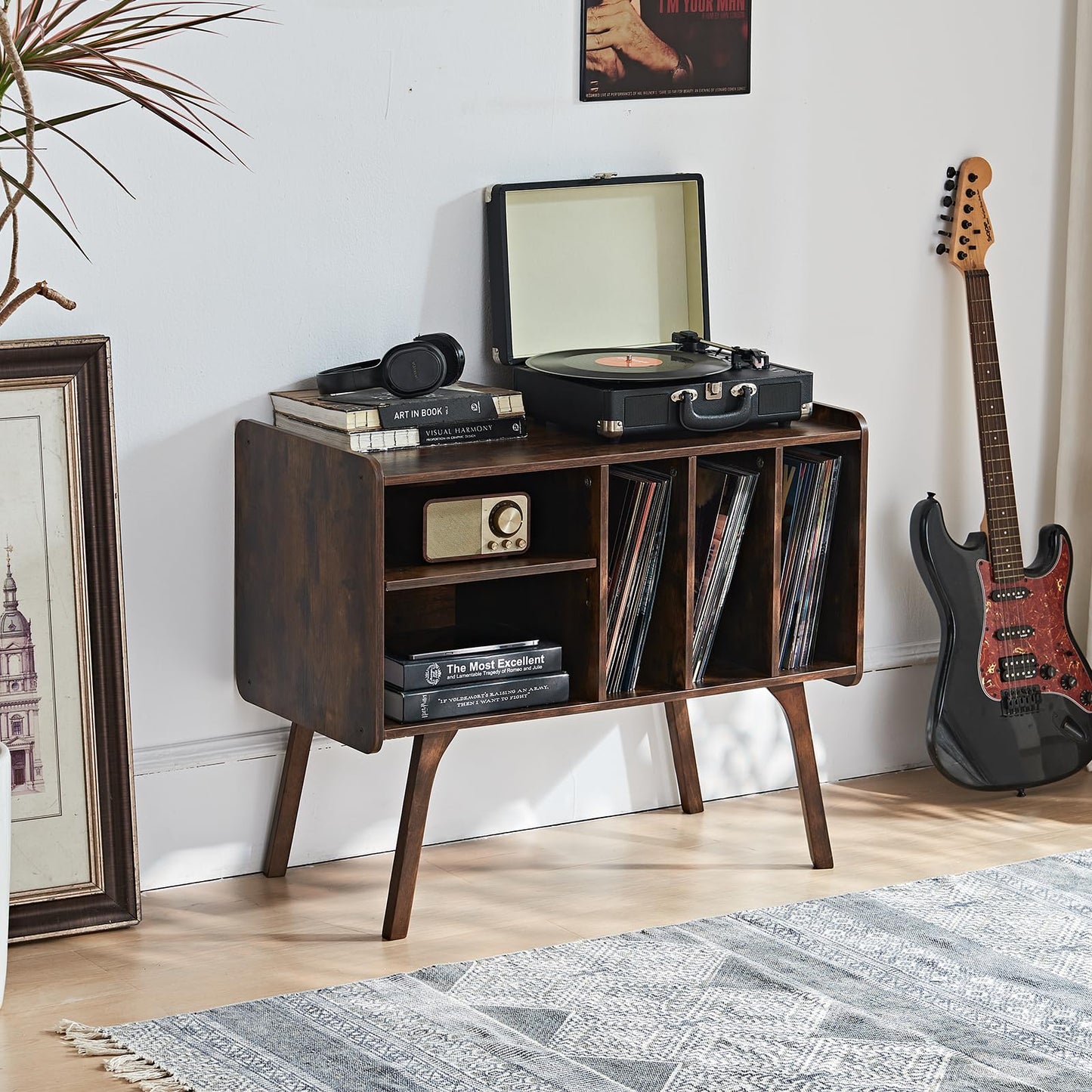 LELELINKY Record Player Stand, 4 Compartments, Holds Up to 220 Records
