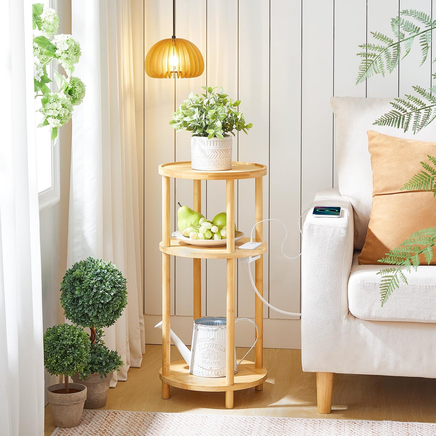 HOOBRO Round Side Table with Charging Station, 3-Tier Bamboo Small Sofa Table, Small Table Bedside Table with 1 AC, 1USB Port, 1 Type-C