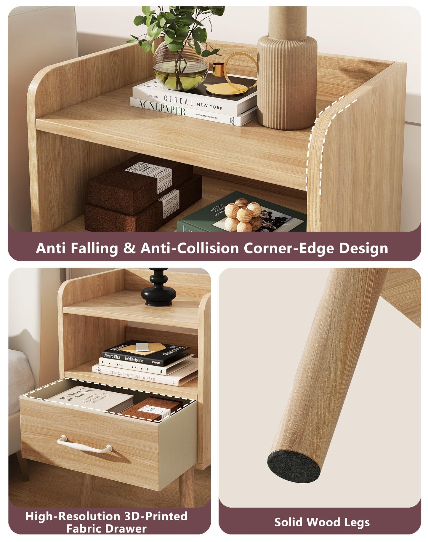 YMYNY Bedside Table Set of 2, Nightstand, Side Table, Wooden Sofa End Table with Fabric Drawer, Open Shelf, Solid Wood Legs, 39x29x63 cm, for Bedroom
