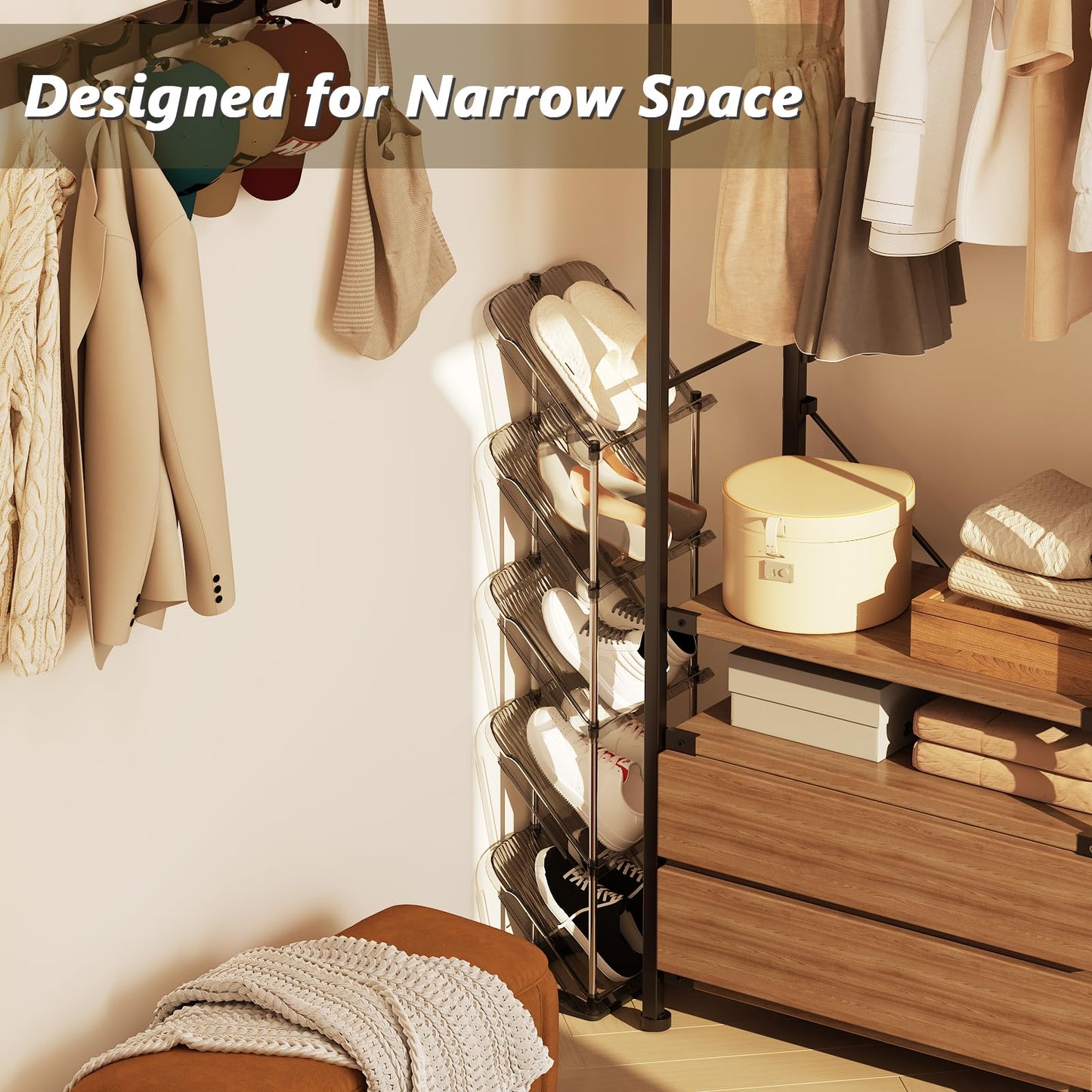 Patinao 2 Pack Sloping Narrow Shoe Rack 5 Tiers - Slim Tall Shoes Racks for Small Spaces and Corner, Shoe Storage Organiser Cabinet for Hallway,