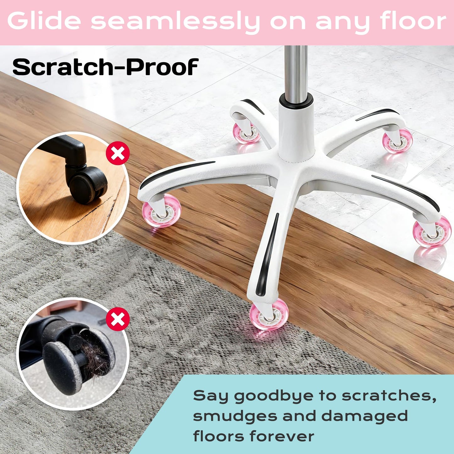Pink Office Chair Caster Wheels Set of 5, 75mm Heavy-Duty Rubber Chair Casters Replacement