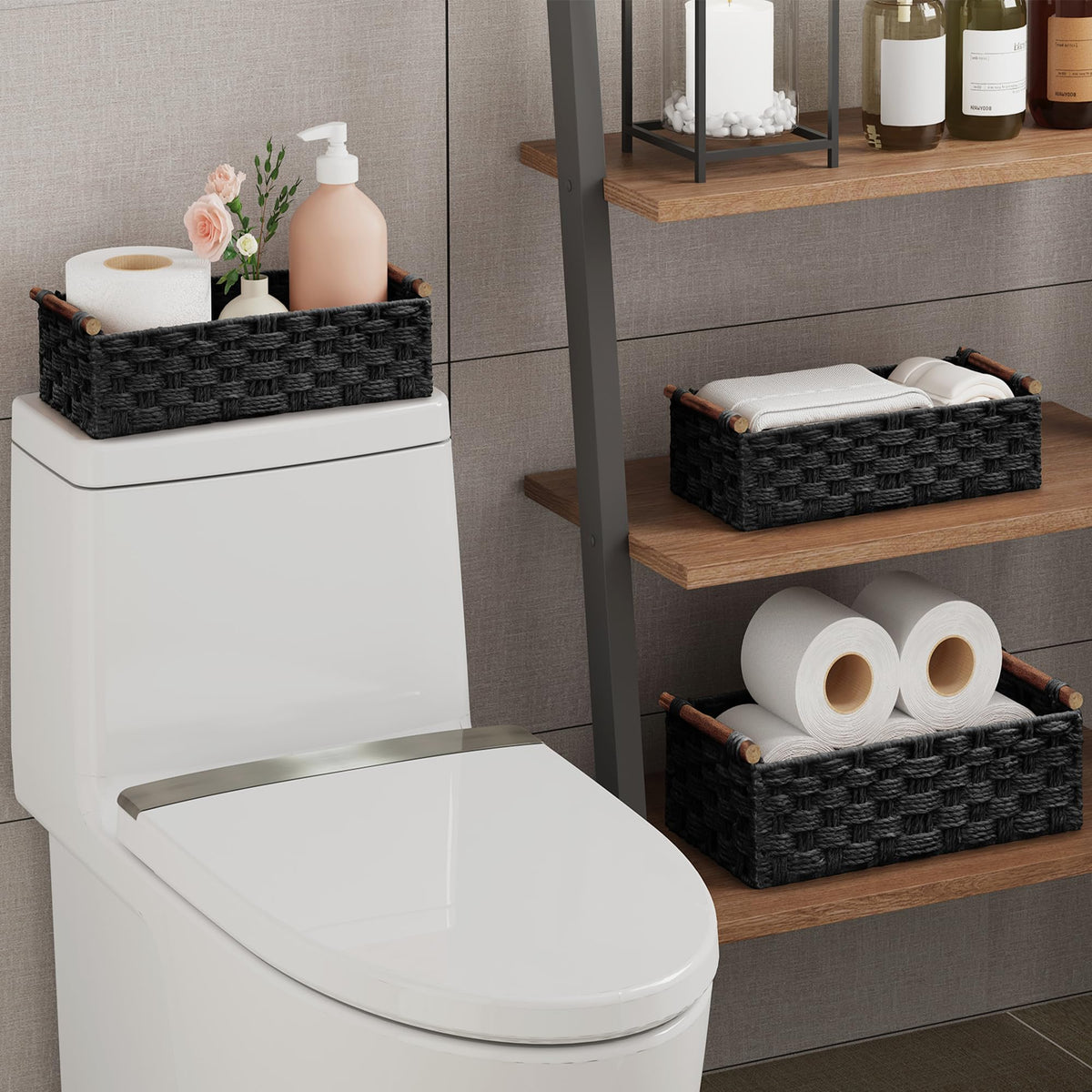 Vagusicc Wicker Storage Basket with Handle, Set of 2 Handwoven Paper Rope Storage Basket for Shelves