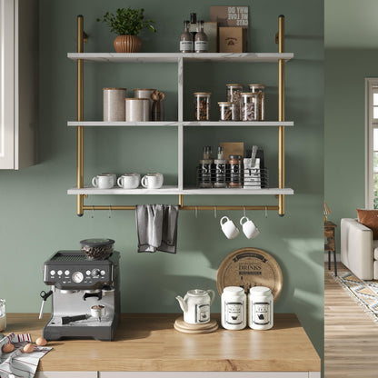 Bestier 3 Tier Floating Pipe Shelving 115CM Industrial Wall Mounted Ladder Shelf Hanging with Circular Tube with Hooks Wood Display Storage Home Decor