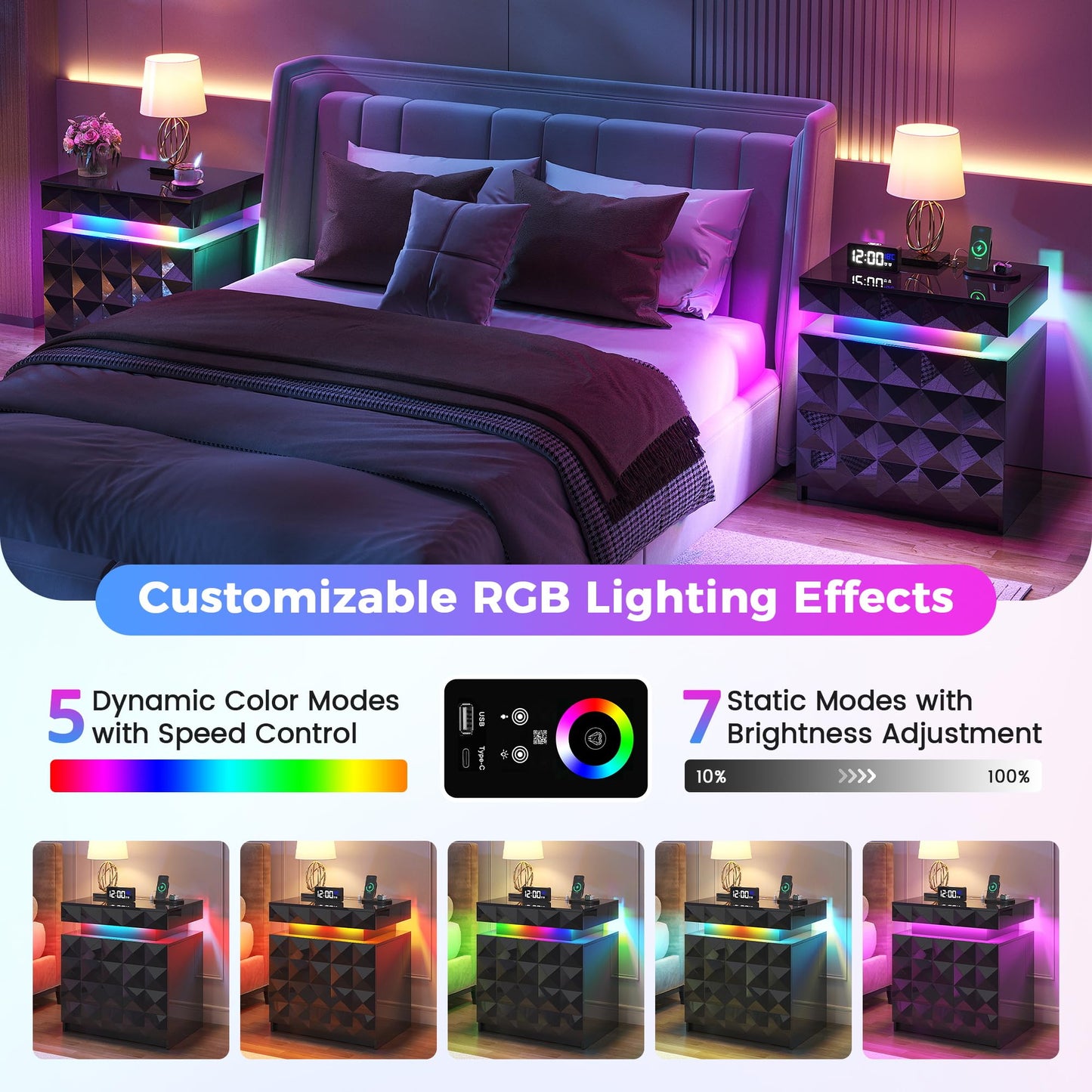 FREDEES RGB Bedside Table with Hidden Drawer for Bedroom, Black