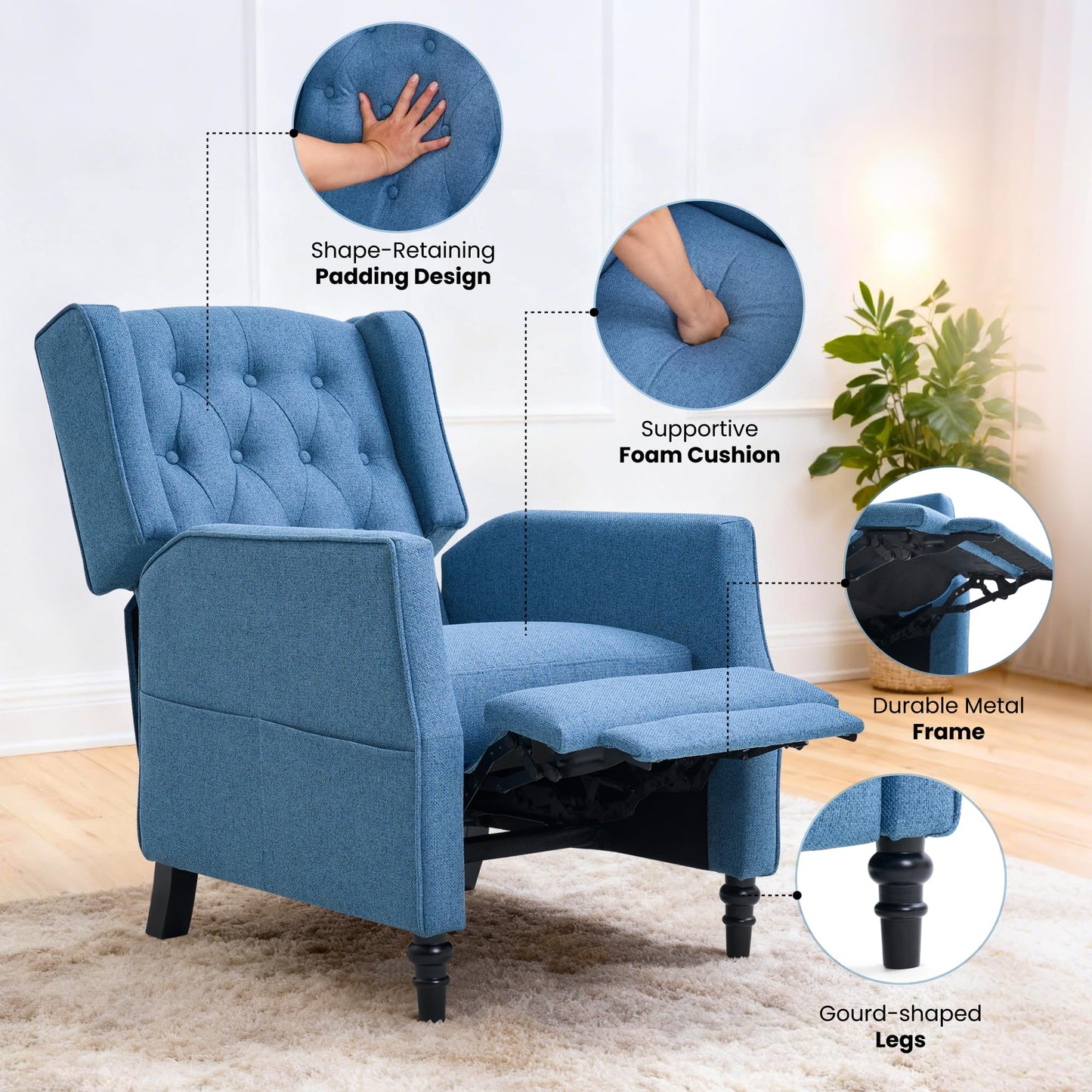 FLEXISPOT Recliner Chair Adjustable Pushback Accent Armchair for Home Relaxation Wing Back Reclining Sofa for Living Room & Bedroom, Blue