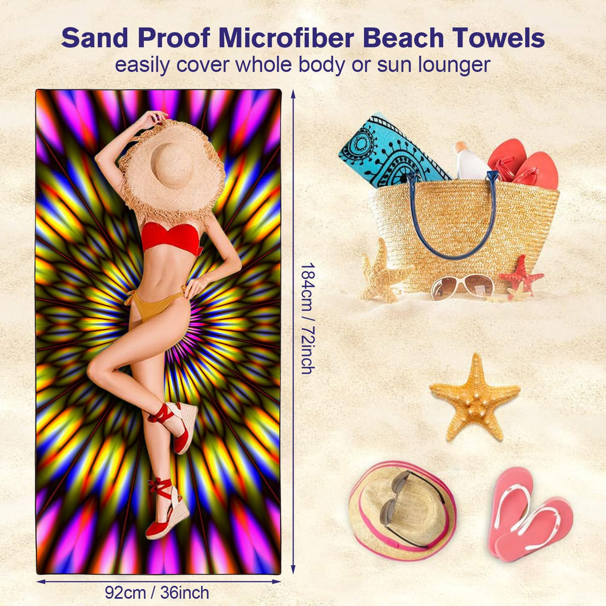YISUMEI Radiant Tie-Dye Beach Towels for Adults Extra Large 180x90cm, Microfibre Quick Dry Towel for Travel Swimming Camping Sports