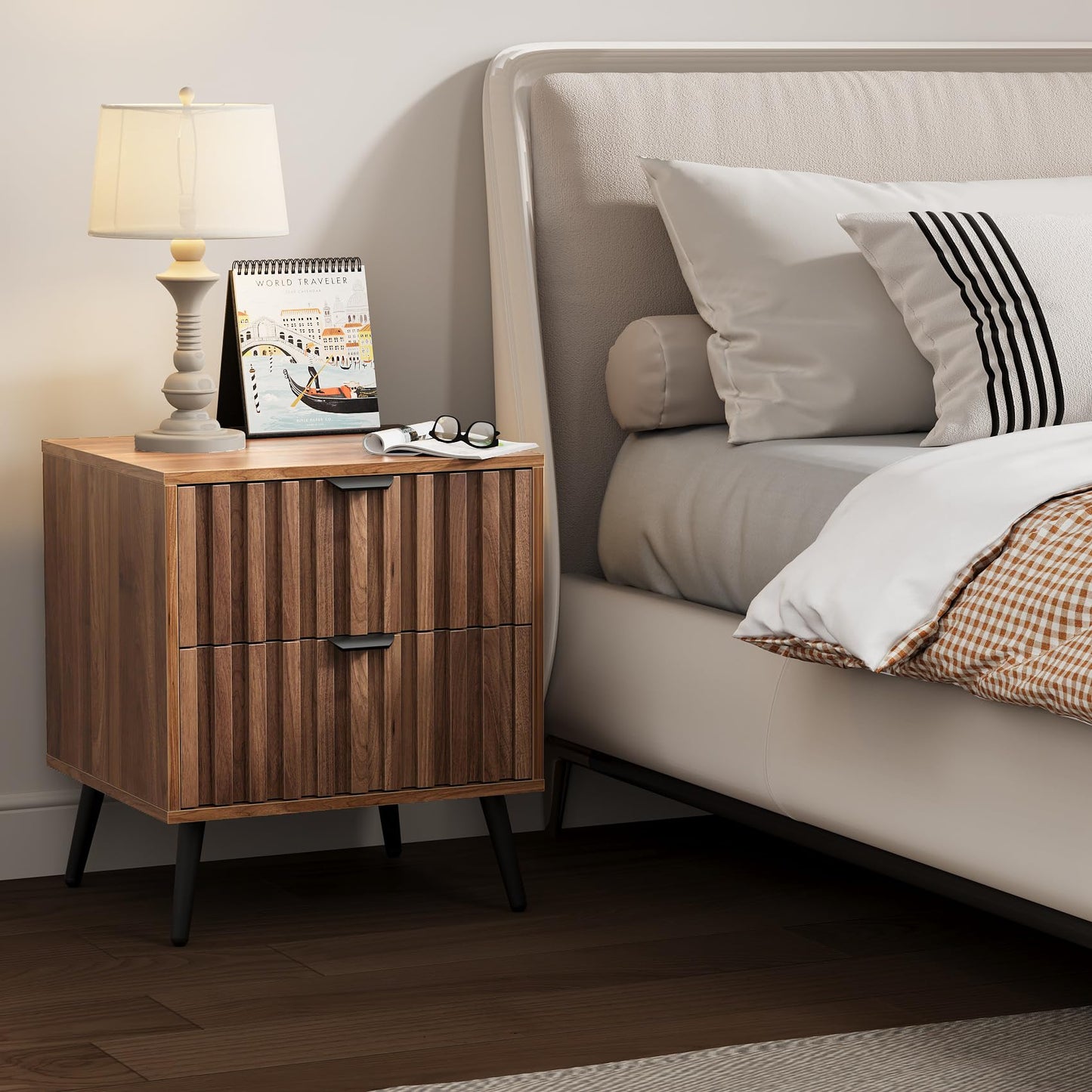 Nightstands, Walnut Fluted Night Stand, Mid Century Modern Nightstand, Bedside Table with Seamless Slatted Drawer, End Tables Bedroom with Metal Legs