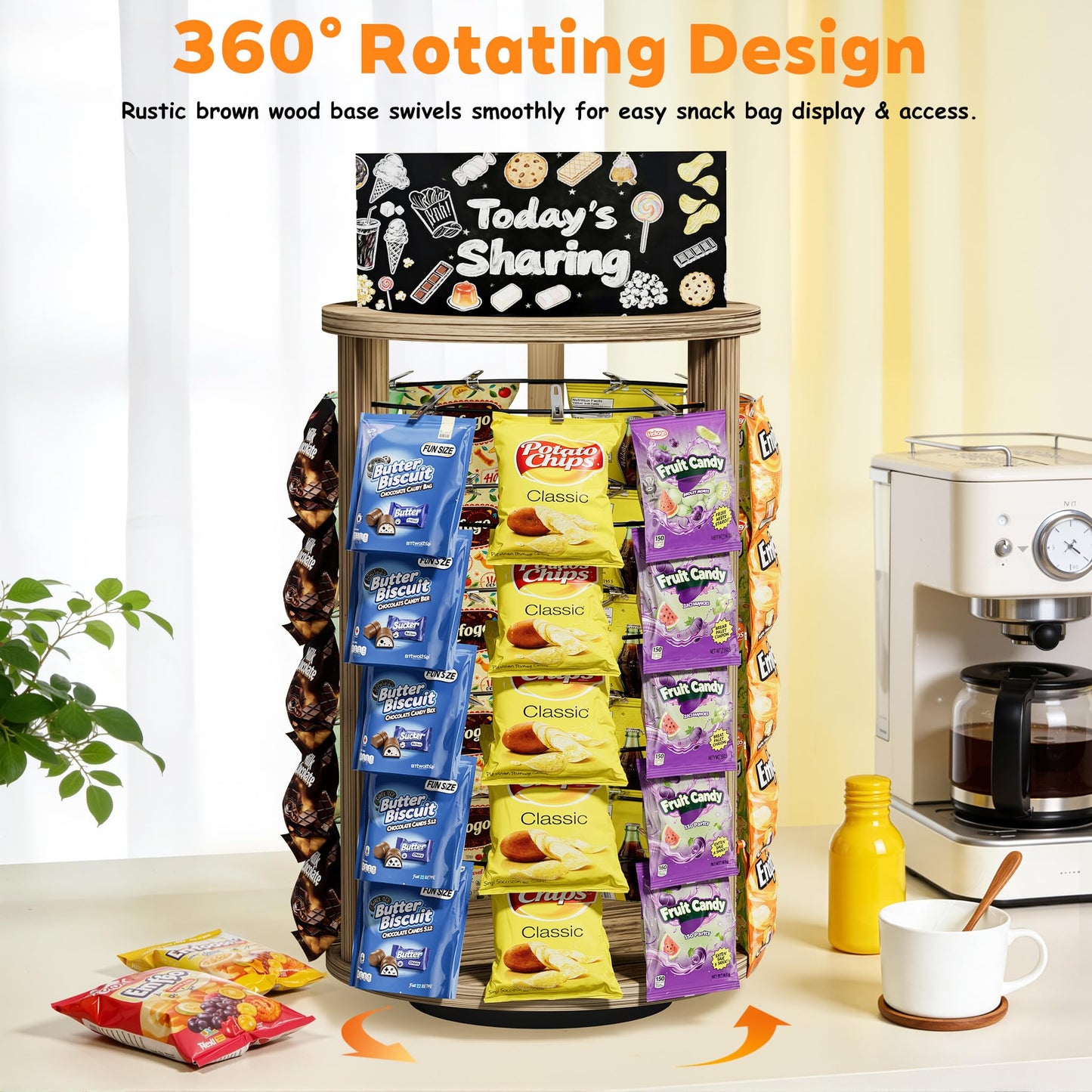 Emfogoo 360° Rotating Snack Organiser, 5 Tier 50 Clips Wooden Chip Rack Display Stand With Advertising Board
