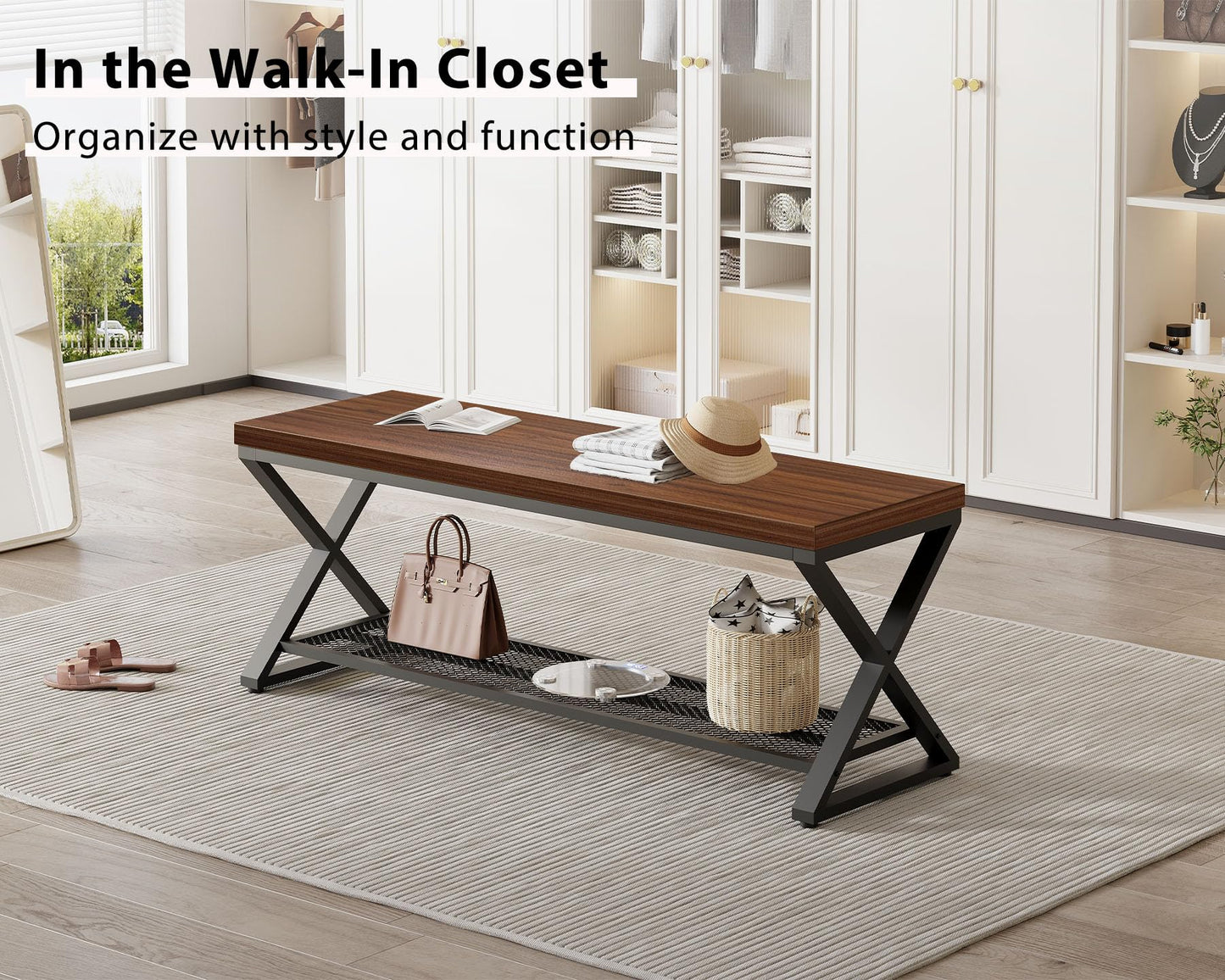 LVB Entryway Shoe Rack with Storage, Wood and Metal Indoor Bench for Entrance, Long Wooden Hallway Bench with Seating for Living Room