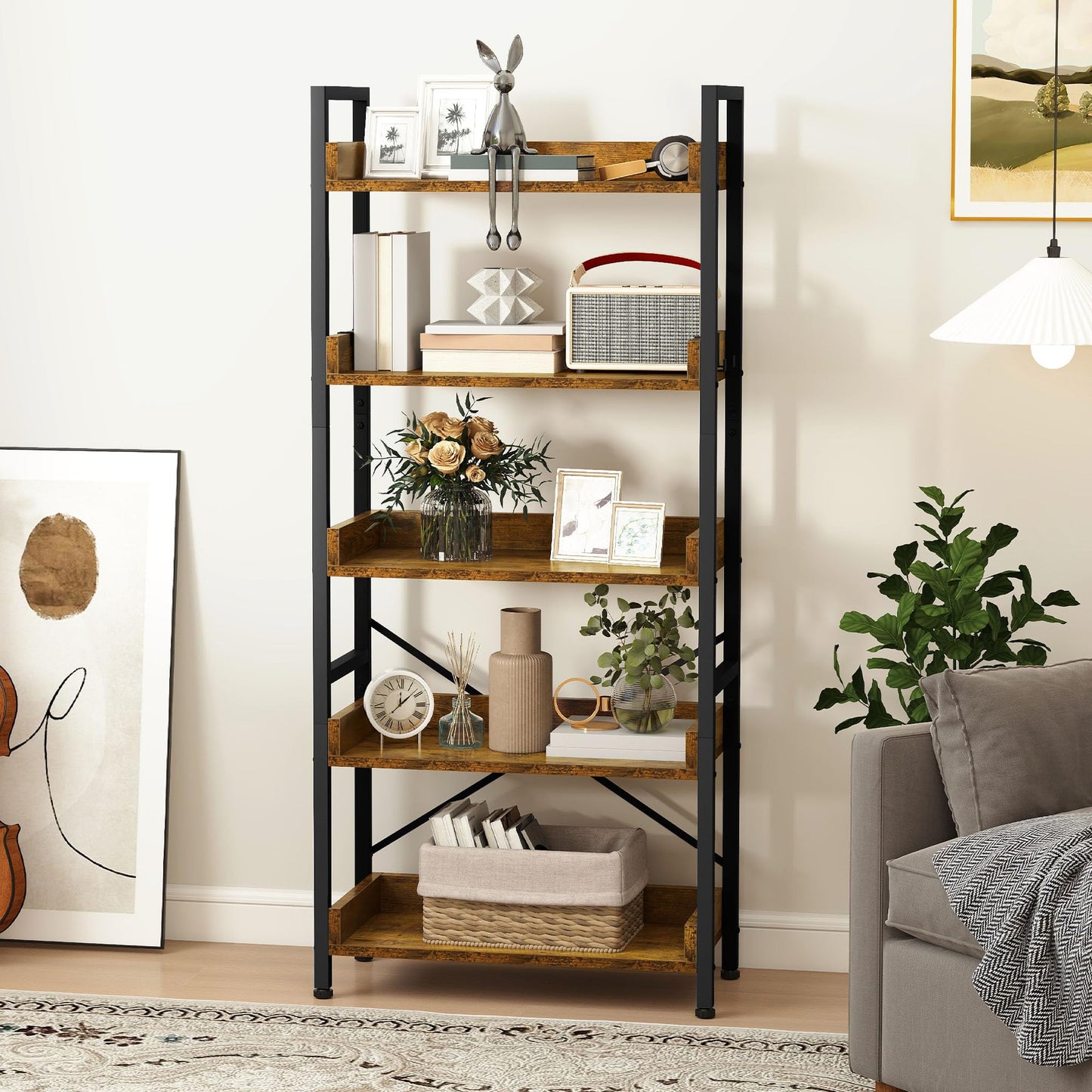 DWVO Tall Bookcase 5 Tiers, Floor Standing Industrial Book Shelf 64cm Wide 160cm High Large Book Case Wooden Shelf and Metal Shelving Unit Display