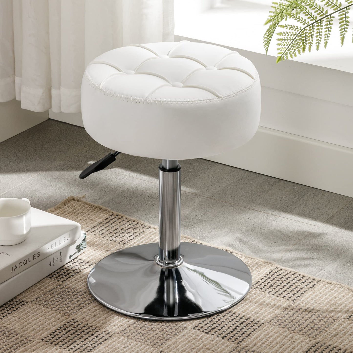 LUE BONA 360°Swivel Vanity Stool, Adjustable Dressing Table Stool, Tufted Design Faux Leather Chair for Dining Room, Living Room, White