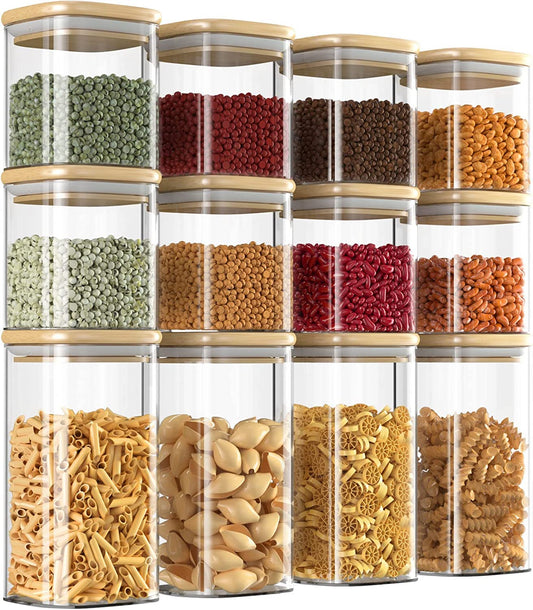 Finew Glass Storage Jars with Bamboo Lid, 12 Pack Airtight Food Jars Set, Clear Kitchen Storage Canisters Containers for Spice Herbs Coffee Tea Pasta
