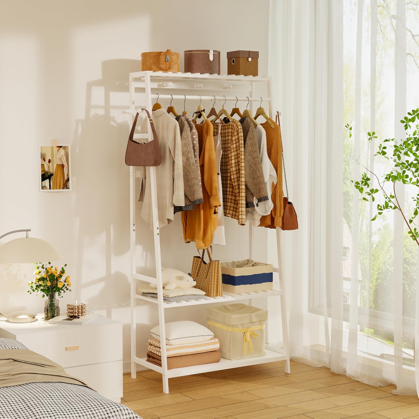 unho Bamboo Clothes Rail Rack: Free Standing Garment Rack with 3 Storage Shelves 10 Hooks Open Wardrobe Organizer for Clothes Shoes Hats Bags in