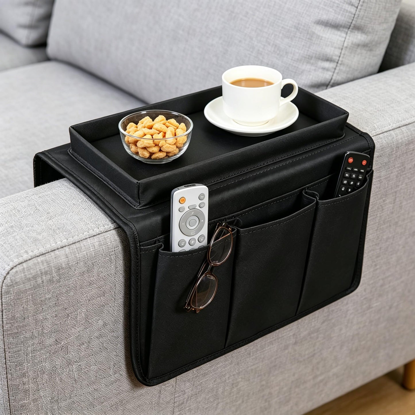 Eulihent Sofa Arm Tray Armchair Tray Organiser Waterproof Non-Slip Sofa Arm Table with 4 Bags for Drinks,Phone,TV Remote Control, Magazine