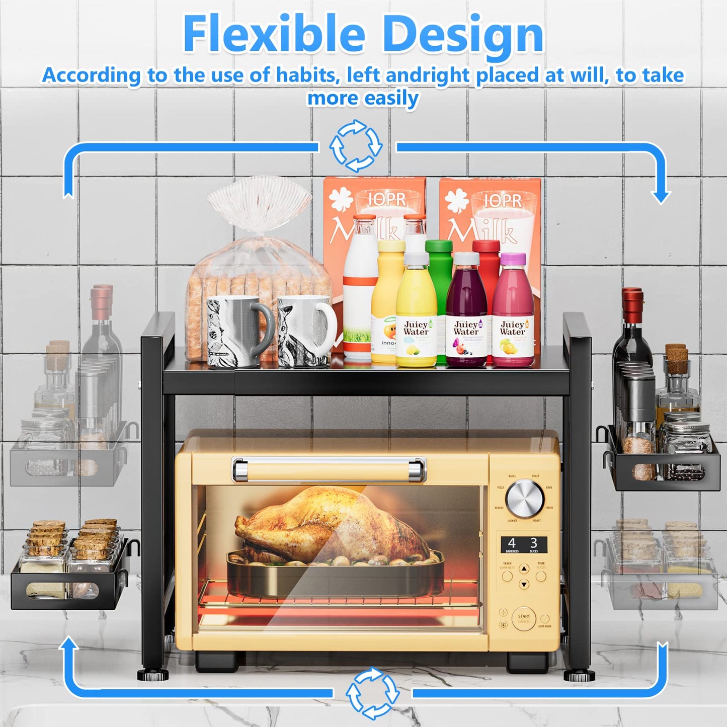 EKNITEY Extendable Microwave Oven Rack - Over Microwave Shelf Countertop 2 Tier Kitchen Microwave Stand (L15.7~23.6" xW12.8 xH17.7) with Spice Rack