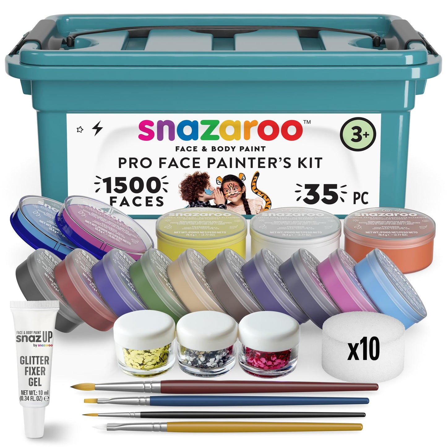 Snazaroo Face Painters Kit for Kids & Adults, 35 Pieces, 10 Colours, Brushes, Glitter Gels, Sponges, Guide, Water Based, Easily Washable, Makeup, Body