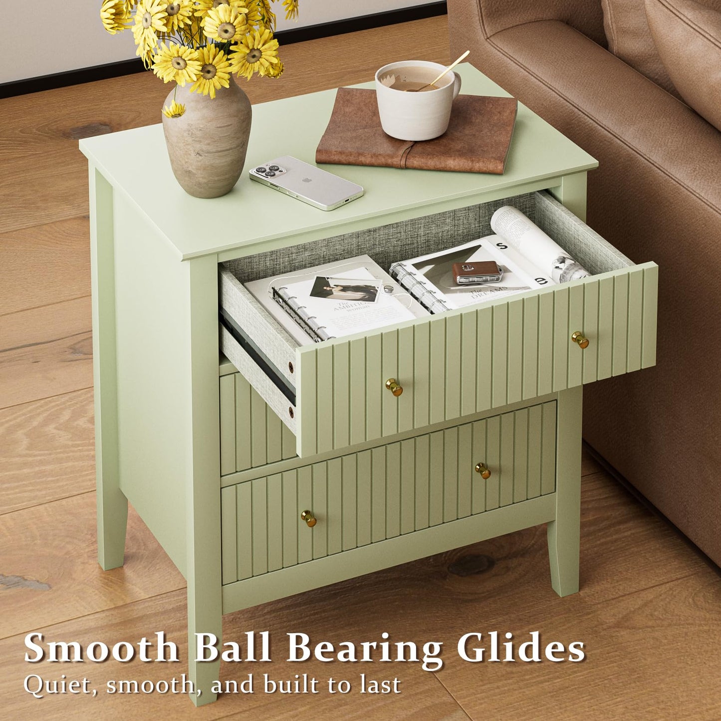 Apetaccat Large Bedside Table Bedroom, 3 Drawer Chest of Drawers, Bedside Cabinet With Metal Handles,for Bedroom Livingroom,Hallway,Green