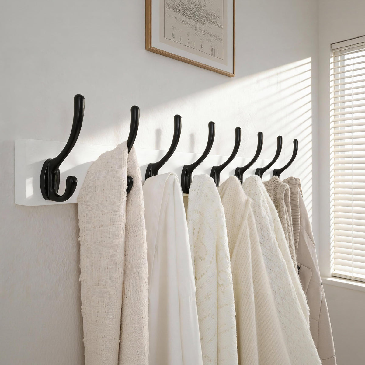 HONSKY Wall Coat Rack with 8 Double Hooks,Wooden Coat and Towel Hanger Storage for Entryway, Bathroom, Bedroom, Garage,White Base/Black Hook,2 Pack