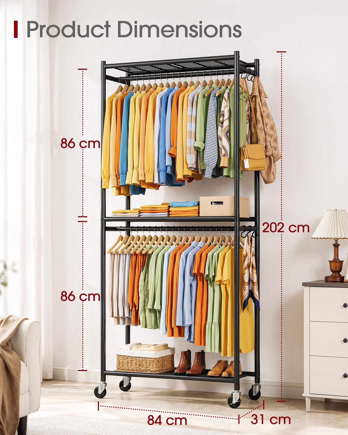 Sakugi Metal Clothing Rack Shelves Hooks & Wheels, 84x31x202cm, Black