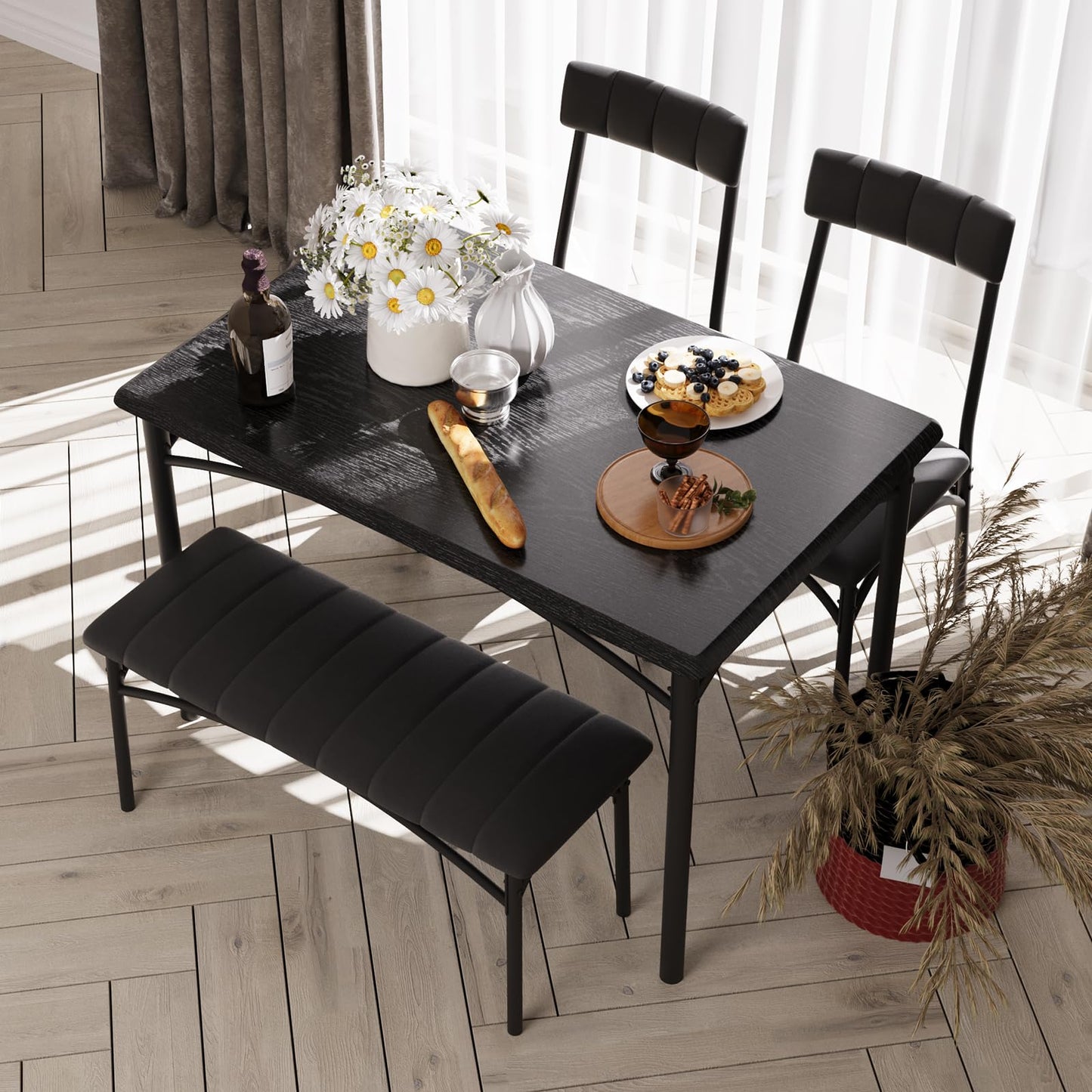Crevyteg Space-Saving 4-Piece Dining Table Set Modern Industrial Kitchen Table with 2 Chairs and Bench for 4 Seater Dining Room Small Spaces