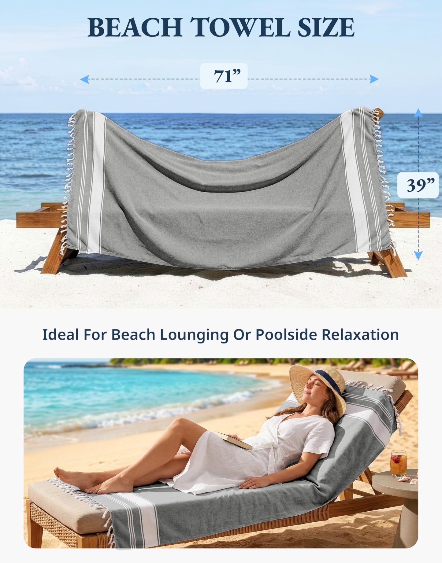 LANE LINEN 2 Pack Large Beach Towels, Oversized, Pre-Washed, No-Shrink Sand Free, Quick Dry, Lightweight Travel Towel, Soft Beach Bath Towel, 39"x71"