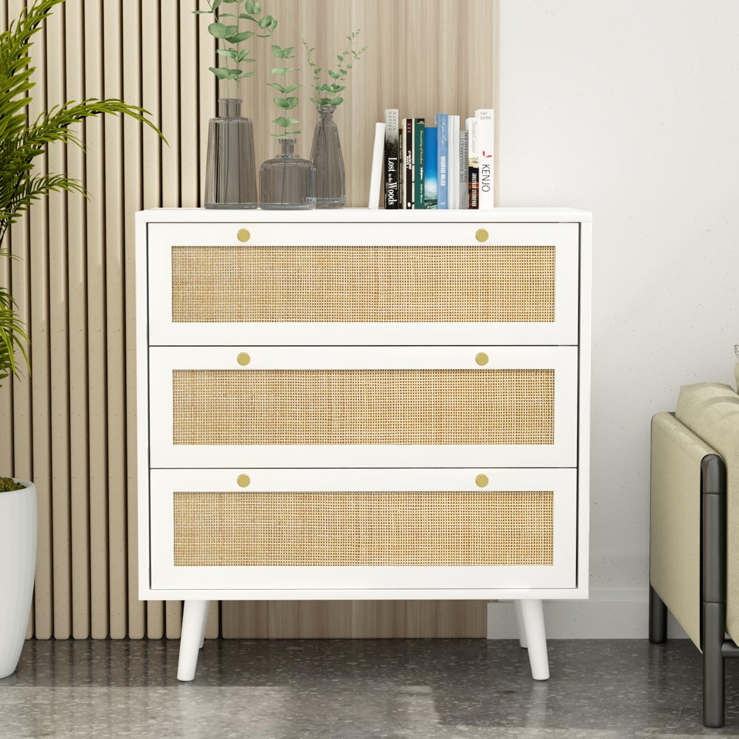 Skokliz White Chest of Drawers for Bedroom, Rattan 3 Drawer Storage Organiser Unit with Spacious Storage Cabinet Nursery Furniture, Living Room