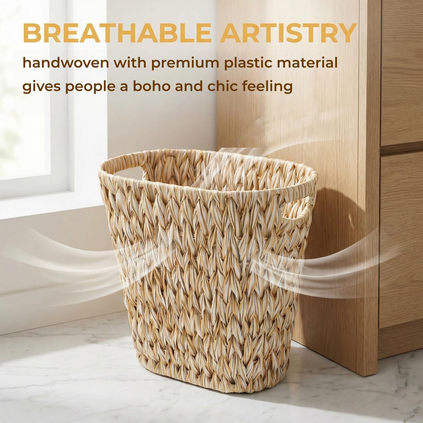 Pumtus Wicker Waste Bin, Plastic Woven Trash Basket with Built-in Handles, Bathroom Garbage Storage Can, Boho Rubbish Container for Bedroom, Bathroom