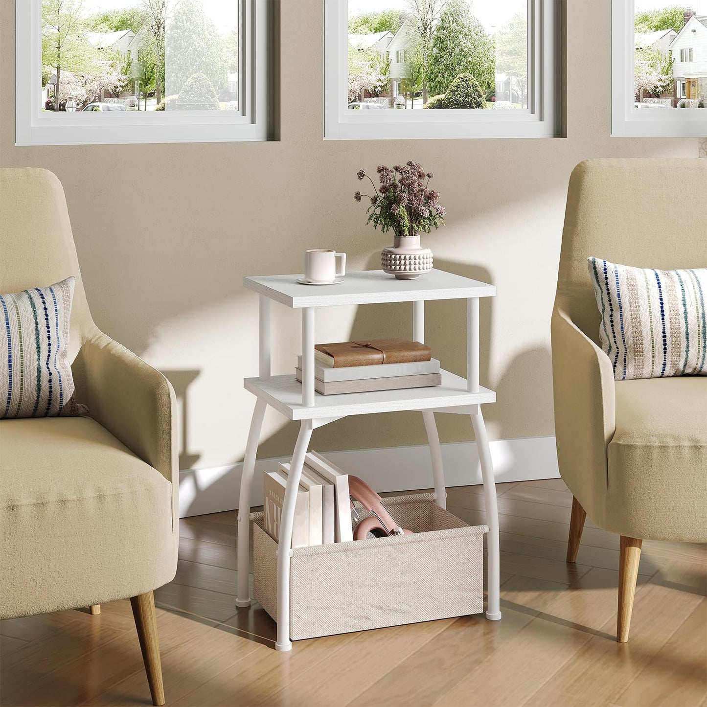 HOOBRO Narrow Side Table, 3-Tier Small Table with Linen Storage Basket, Sofa Side Tables for Small Space