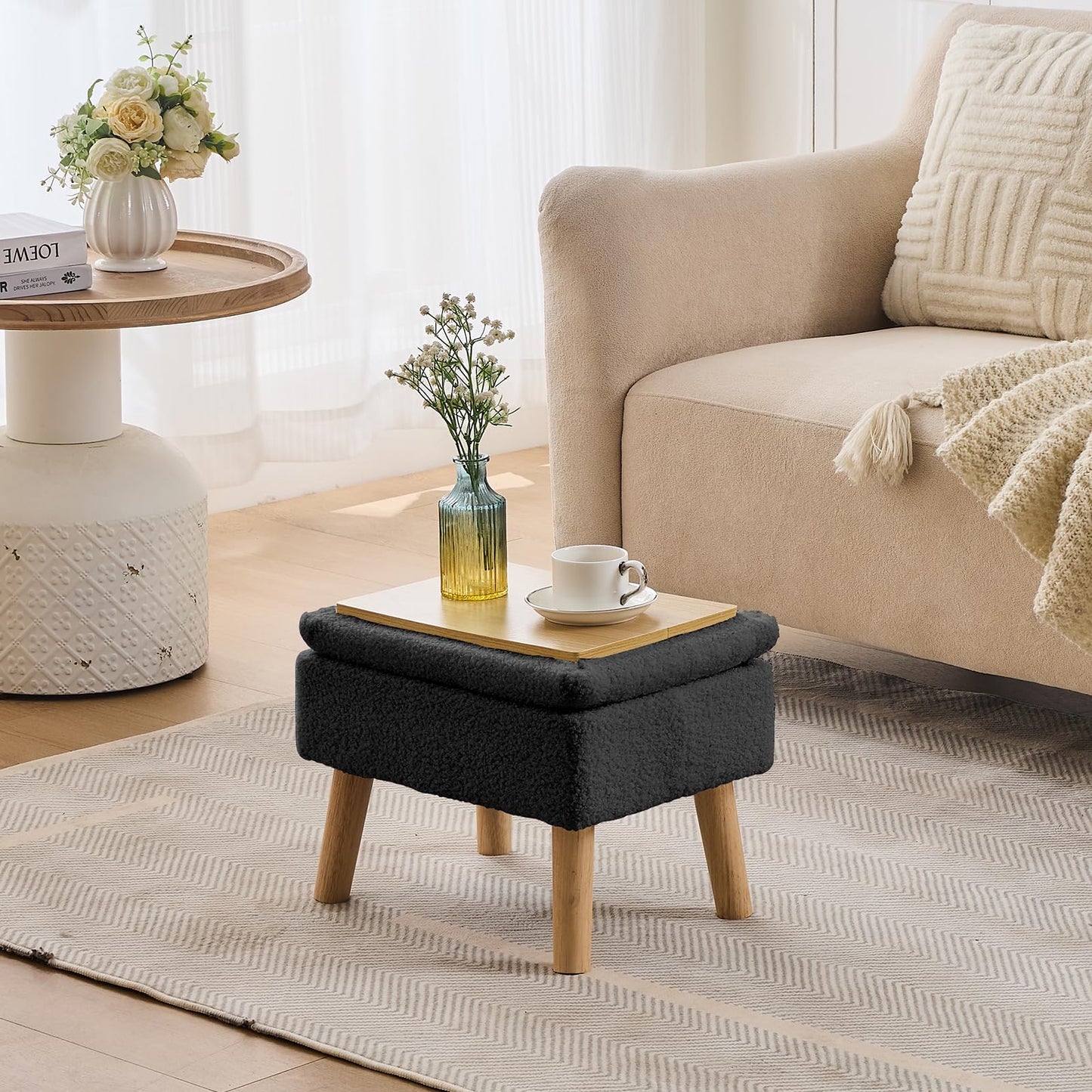 BRIAN & DANY Footstool Ottoman with Storage, Teddy Fleece Rectangle Storage Ottoman