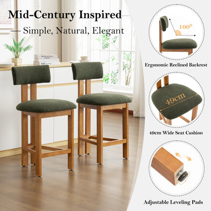 younturn Retro Mid Century Bar Stools Set of 2, Comfort Padded Boucle Upholstered Seats Breakfast Barstools with Backrest and Solid Wooden Legs