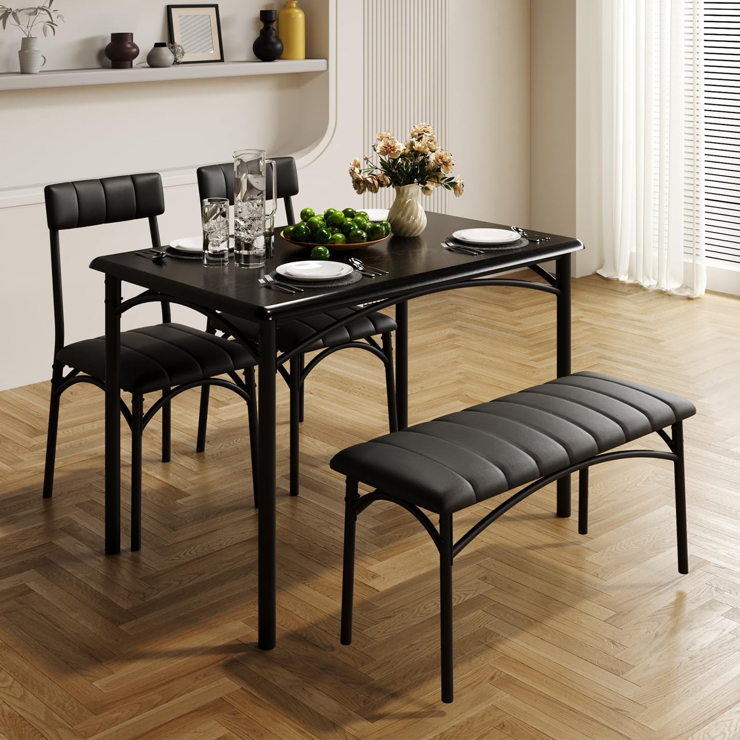 Crevyteg Space-Saving 4-Piece Dining Table Set Modern Industrial Kitchen Table with 2 Chairs and Bench for 4 Seater Dining Room Small Spaces