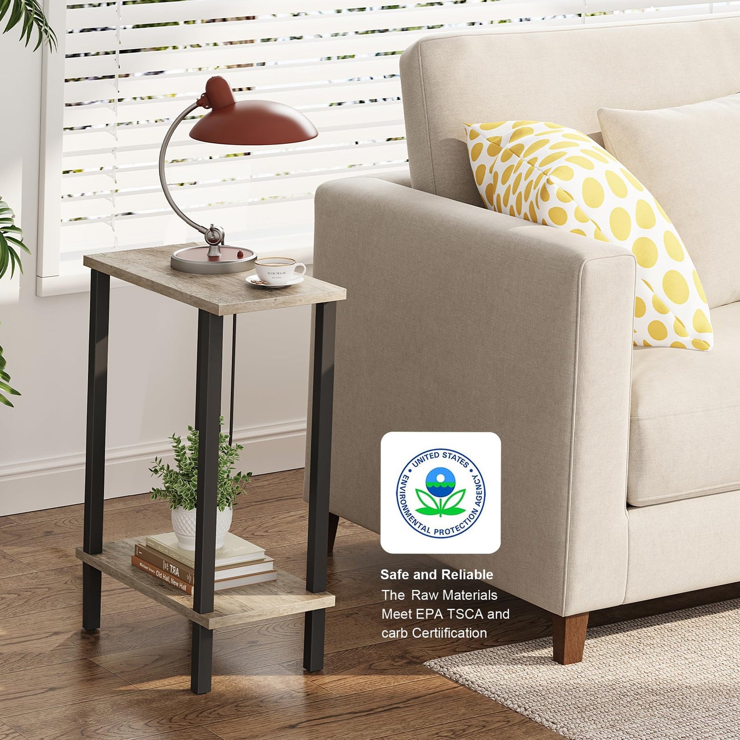 TUTOTAK Small Side Table, Narrow End Table, Skinny Sofa Table, Slim Nightstand, Living Room, Bed Room, Greige TB01BG0622EU