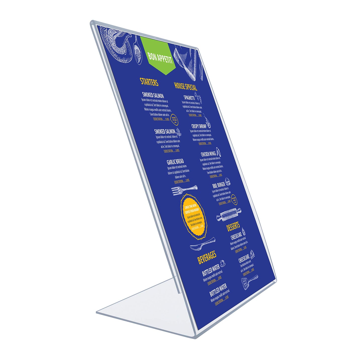 EUROPEL A3 Acrylic Table Display Stand – L-Shape Stable Base, Slanted Back, Side Loading, UV Resistant, for Restaurant, Hotel, Office and Reception