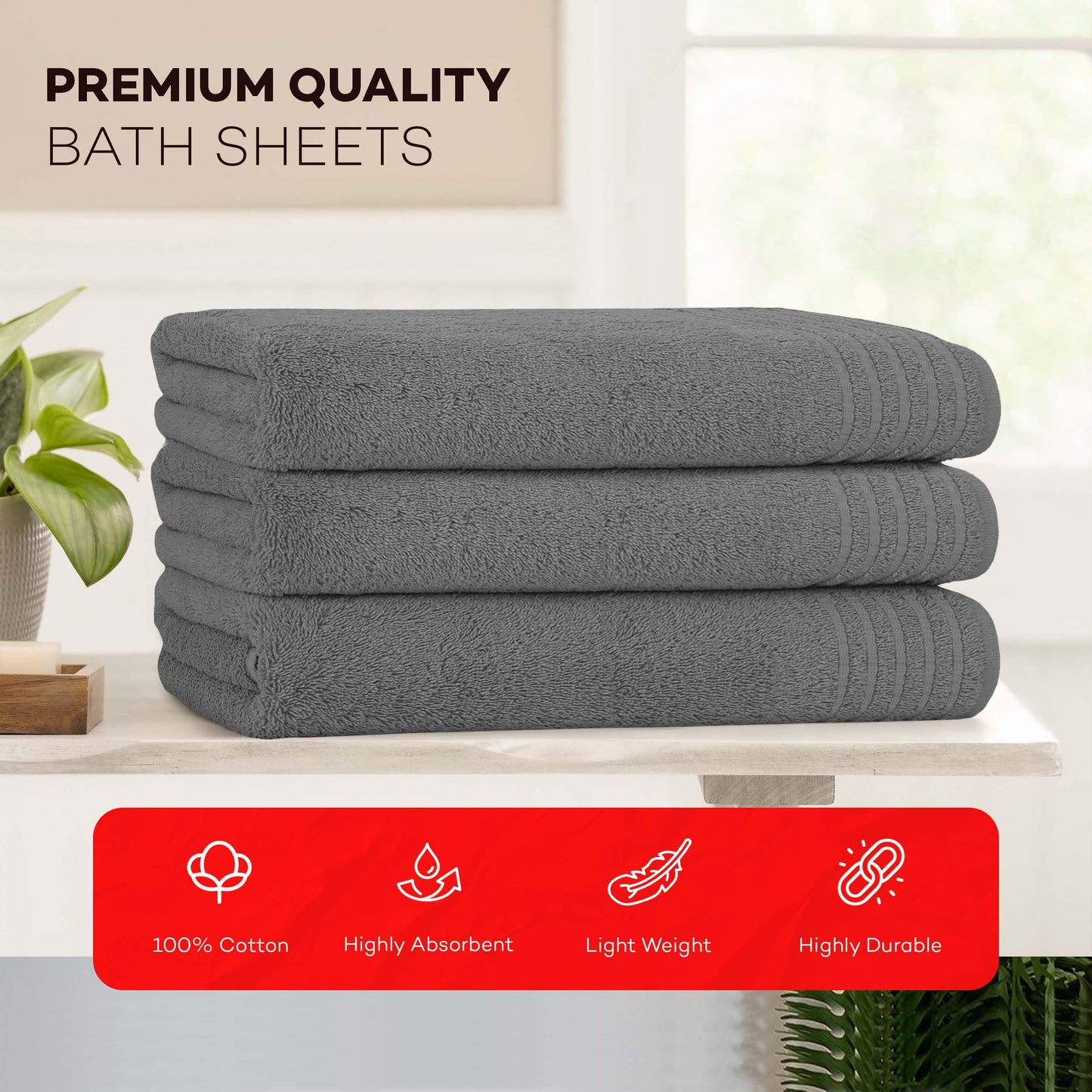 Olivia Rocco Monaco 3 Pack Bath Sheets Highly Absorbent Premium Quality 100% Cotton Large Towel Set Extra Soft Quick Dry Large Towels Bath Sheet 500