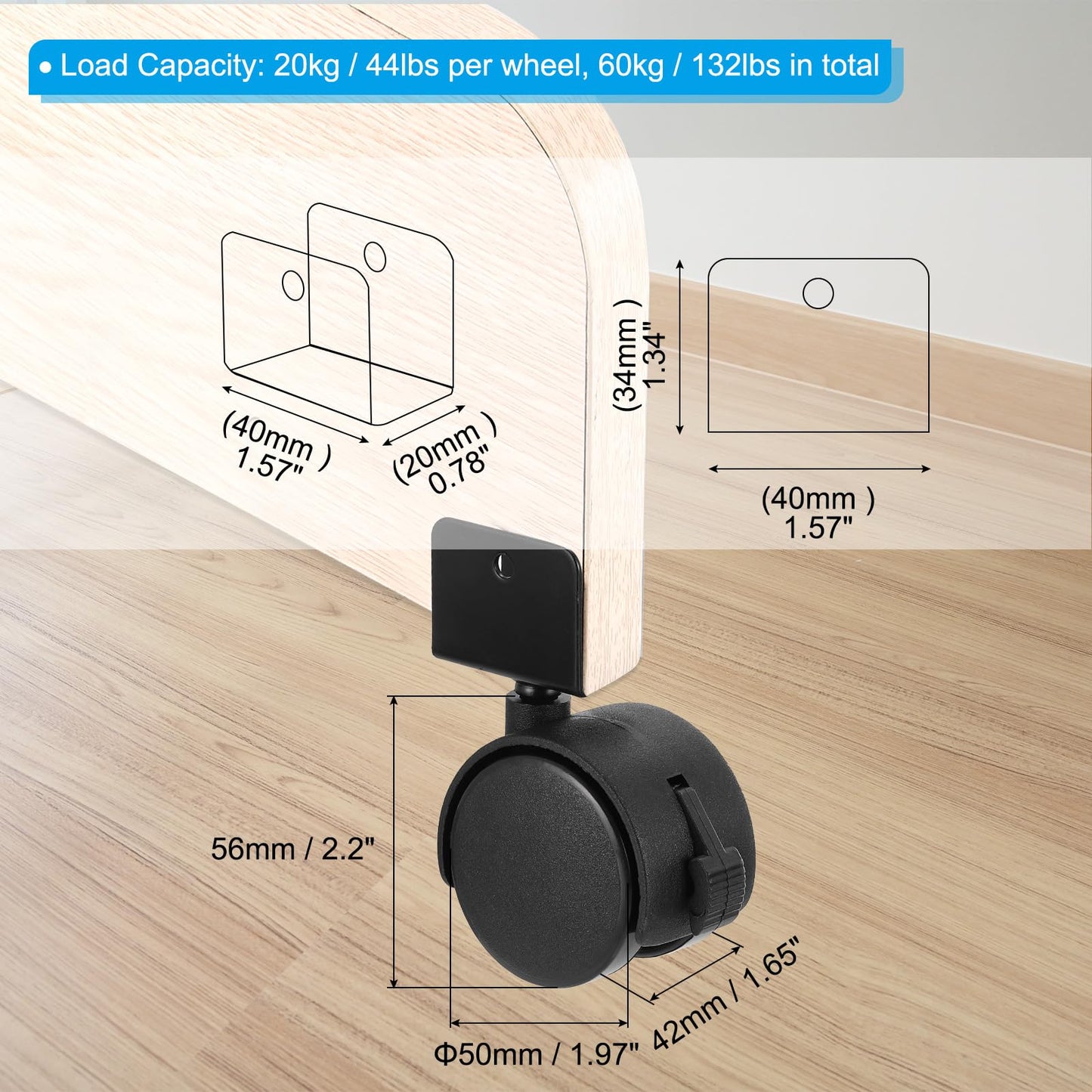 PATIKIL 2" Swivel Caster Wheels with 0.78" U Bracket, 4 Pack Mute Moving Swivel Wheel Replacement with Brake Total Load 88lbs for Cabinet Furniture