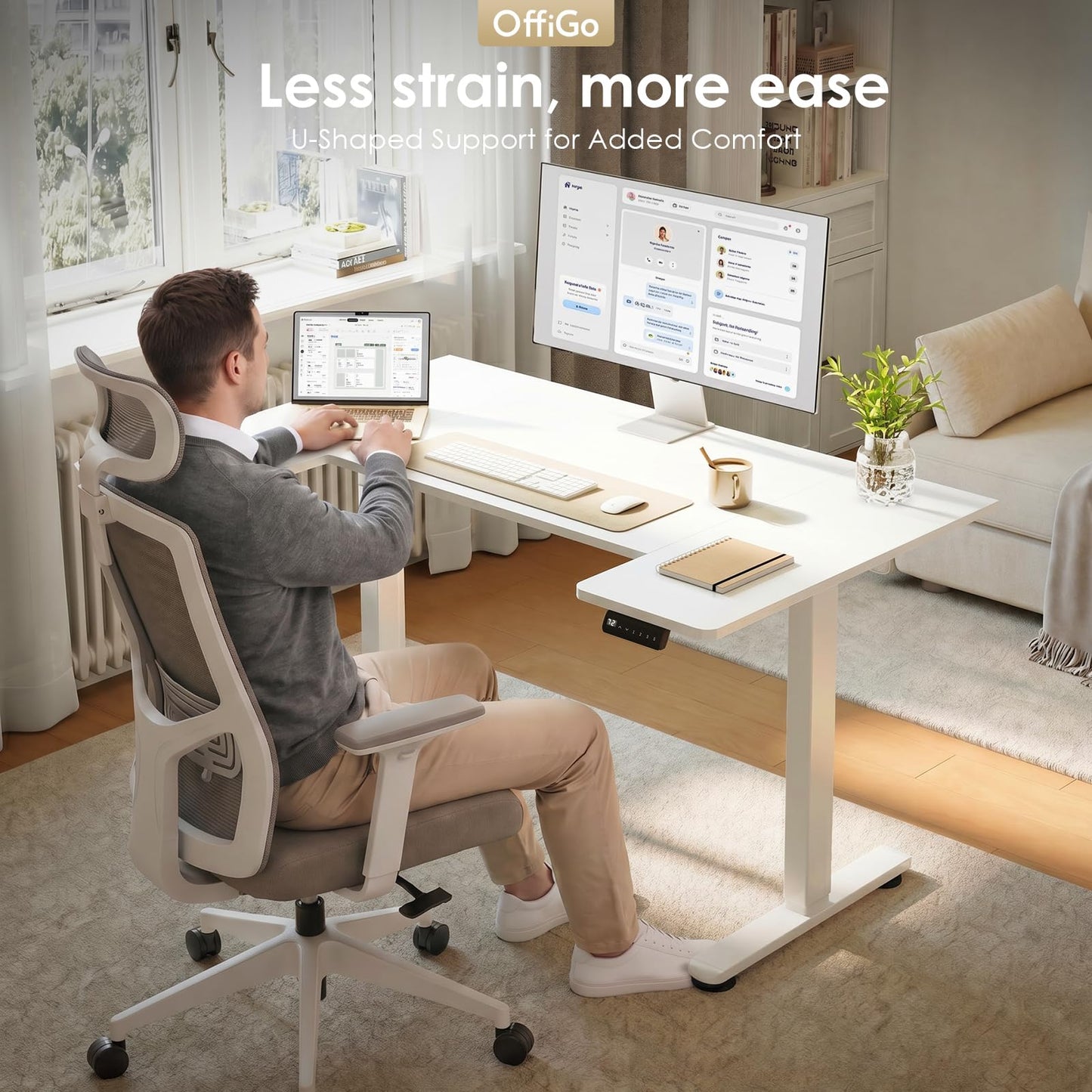 OffiGo Height Adjustable Desk, U Shaped Standing Desk with 3 Memory Presets